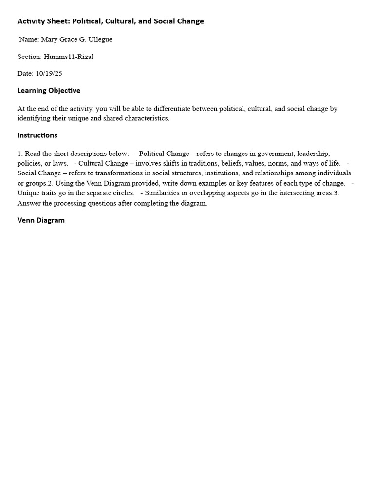 Activity Sheet Political Cultural Social Change PDF | PDF