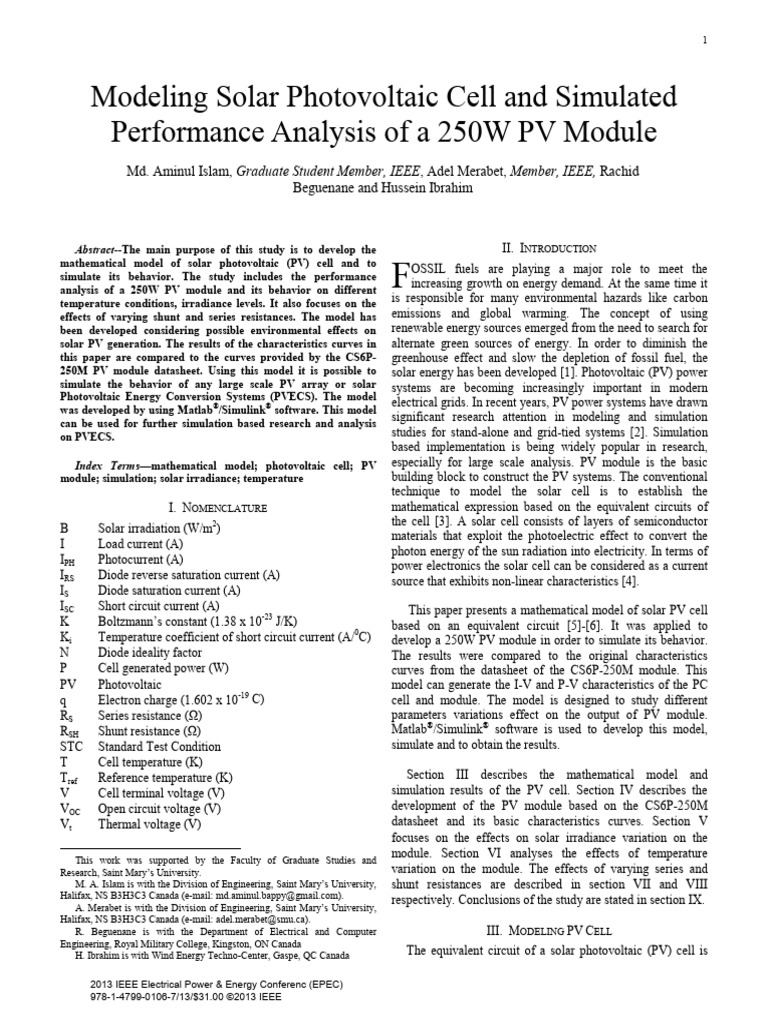 Modeling Solar Photovoltaic Celland Simulated Performance Analysisofa ...