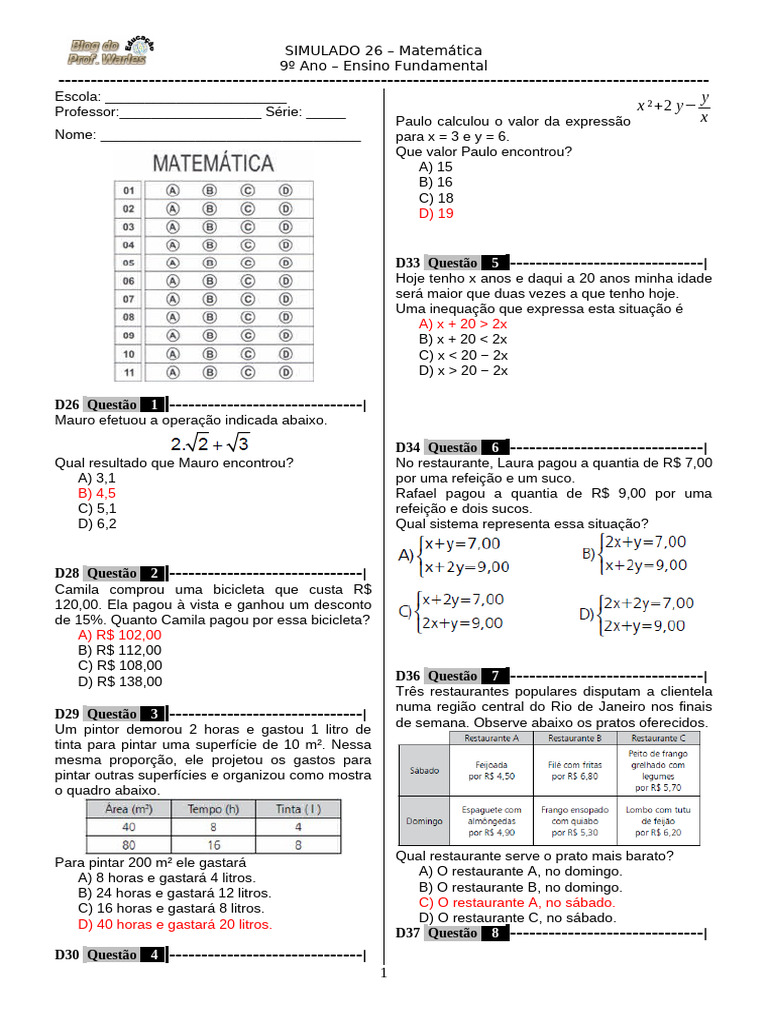 Simulado de Matemática 9º Ano | PDF