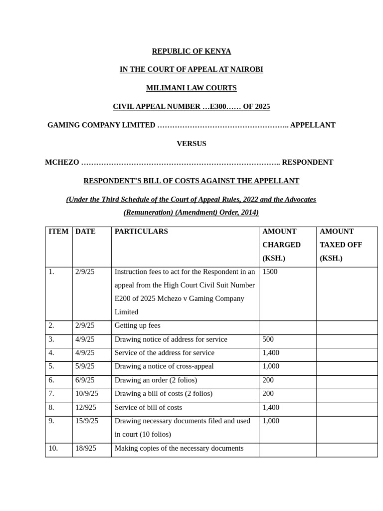 Respondent's Bill of Costs Appeal 2025 | PDF | Judiciaries | Chess Theory