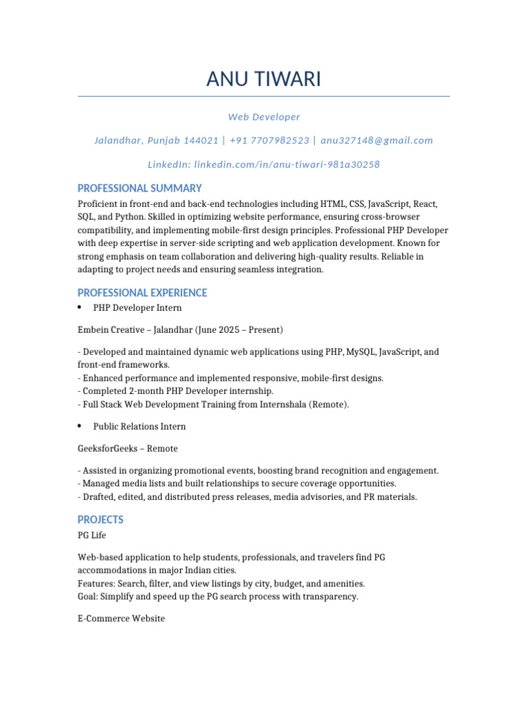 Web Developer Resume of Anu Tiwari | PDF | Web Development | Php