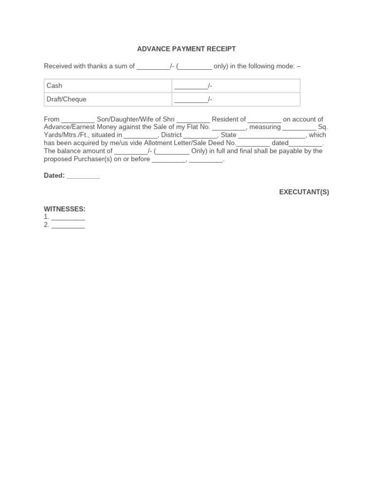 Advance Payment Receipt Template | PDF
