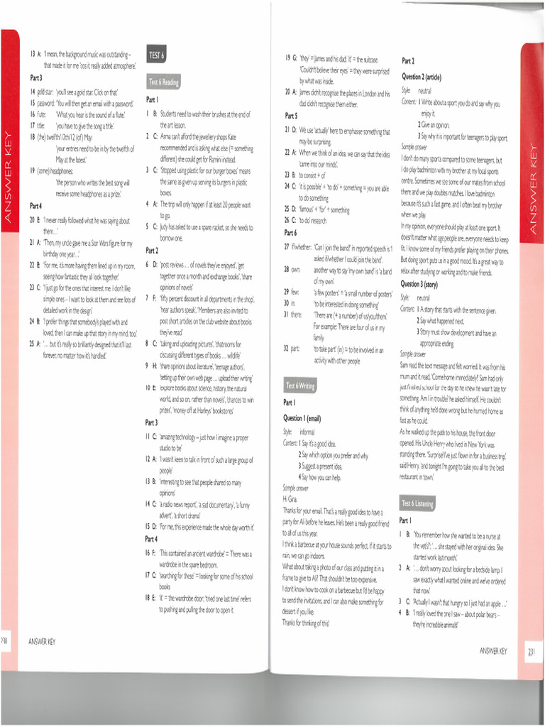 B1 Preliminary Tests 6-8 Answer Key | PDF