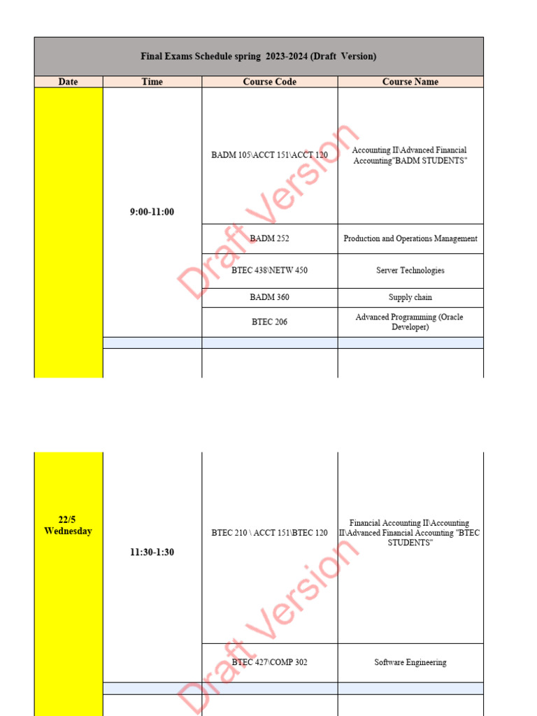 Spring 2023-2024 Final Exam Schedule | PDF | Computing | Business