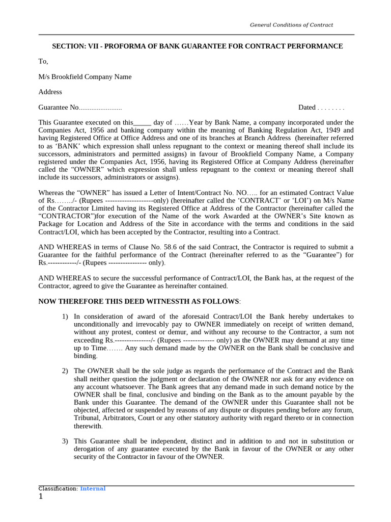 Bank Guarantee Proforma for Contract Performance | PDF | Guarantee ...