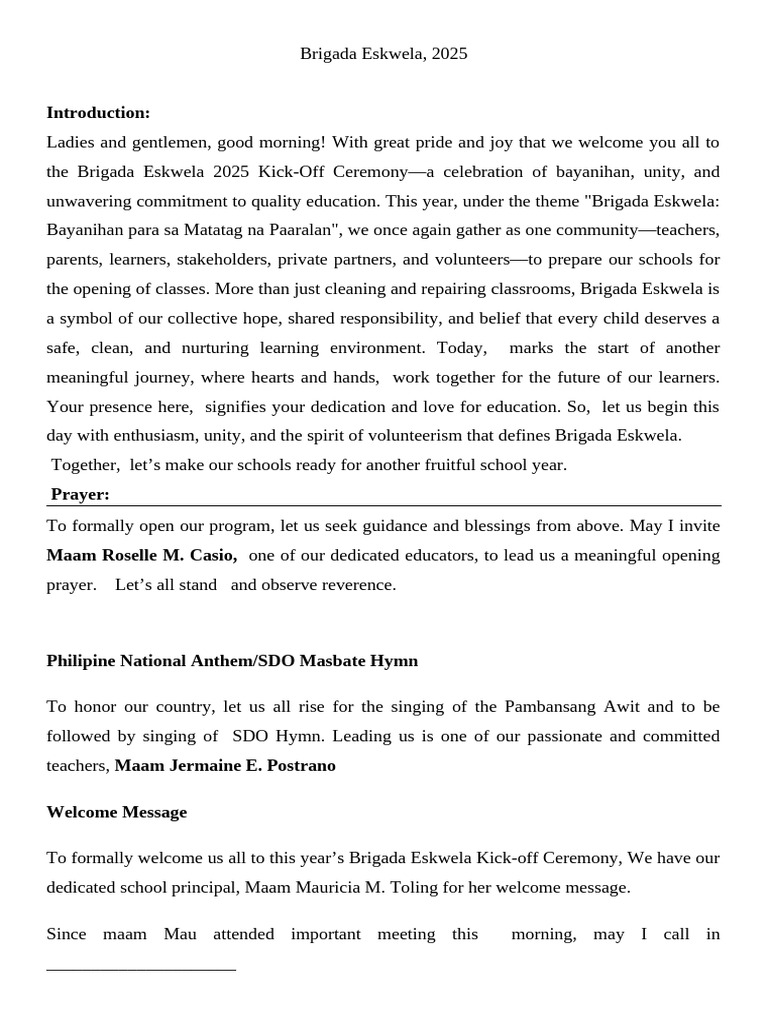 Brigada Eskwela 2025 Kick-Off Ceremony | PDF