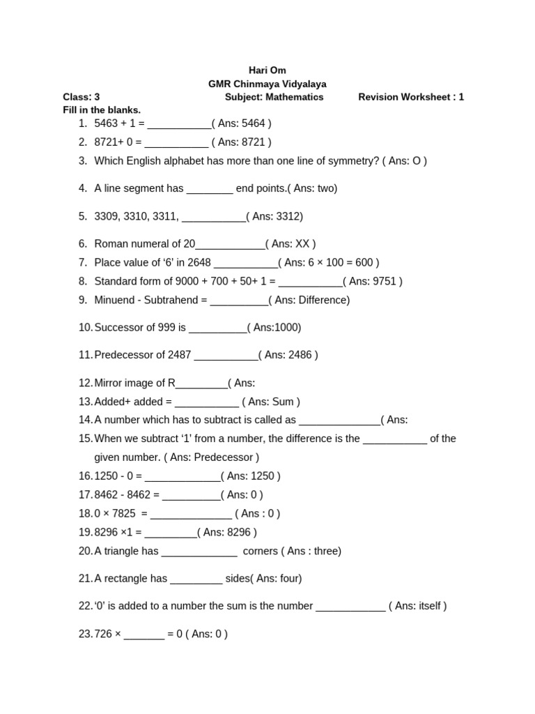 Class 3 Math Revision Worksheet | PDF