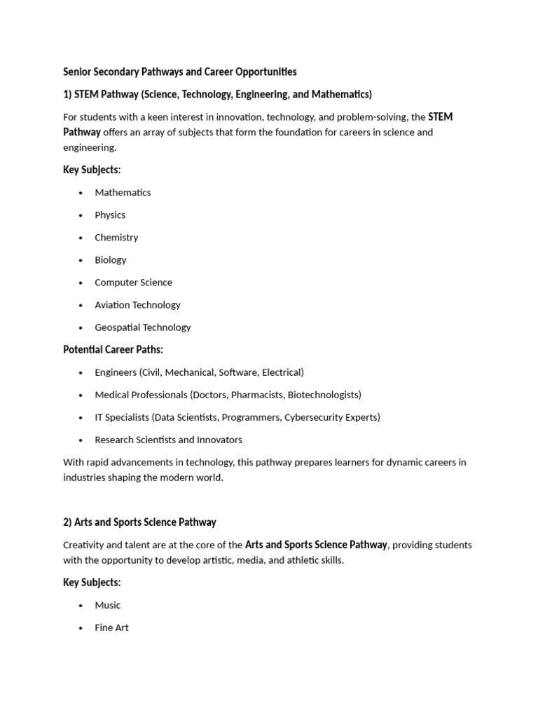 Senior Secondary Pathways and Career Opportunities 1) STEM Pathway ...