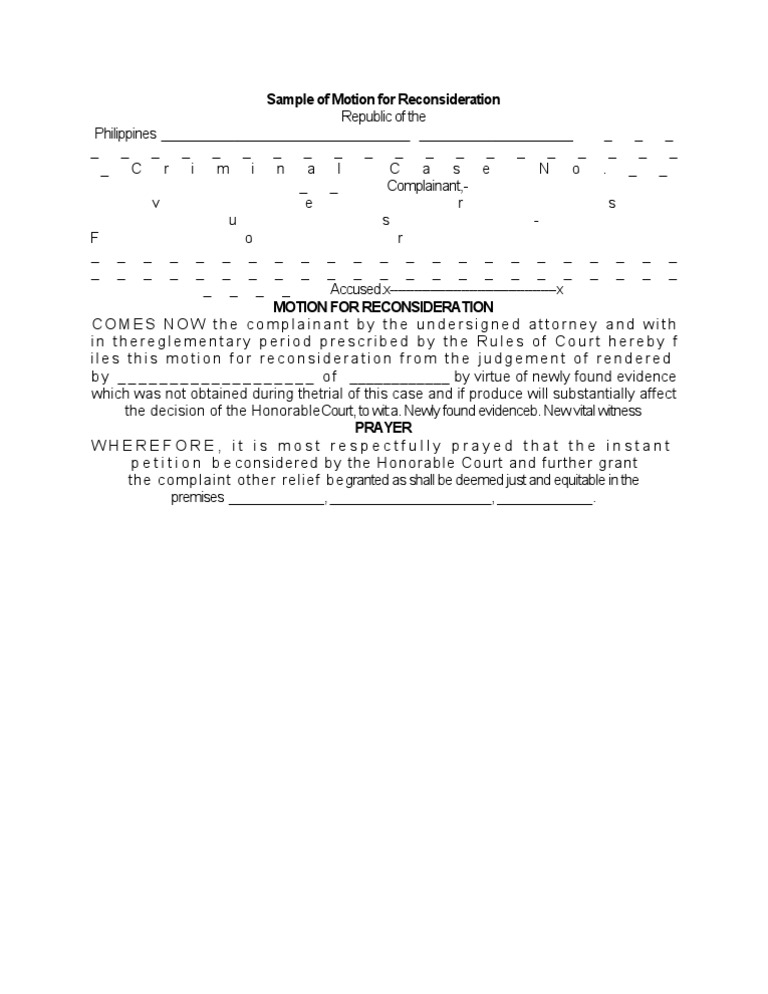 Sample of Motion for Reconsideration