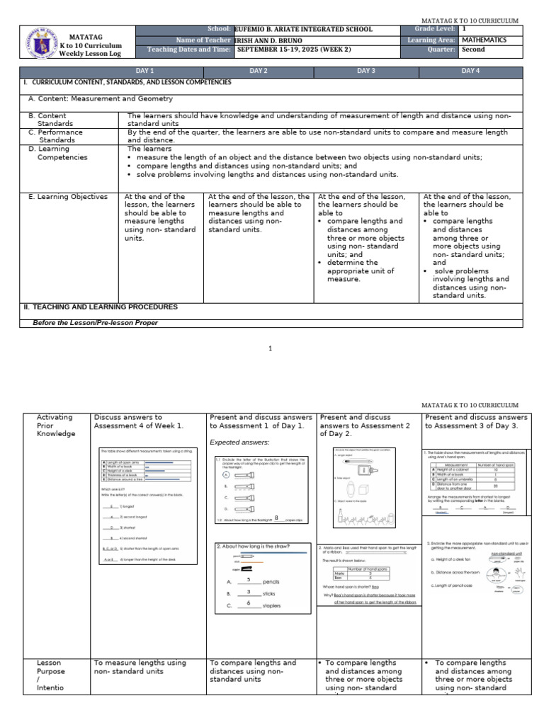 K-10 Math Lesson: Non-Standard Units | PDF | Length | Curriculum