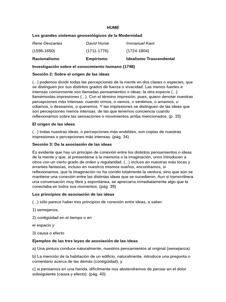 Hume: Origen de Ideas y Asociación | PDF | David Hume | Causalidad