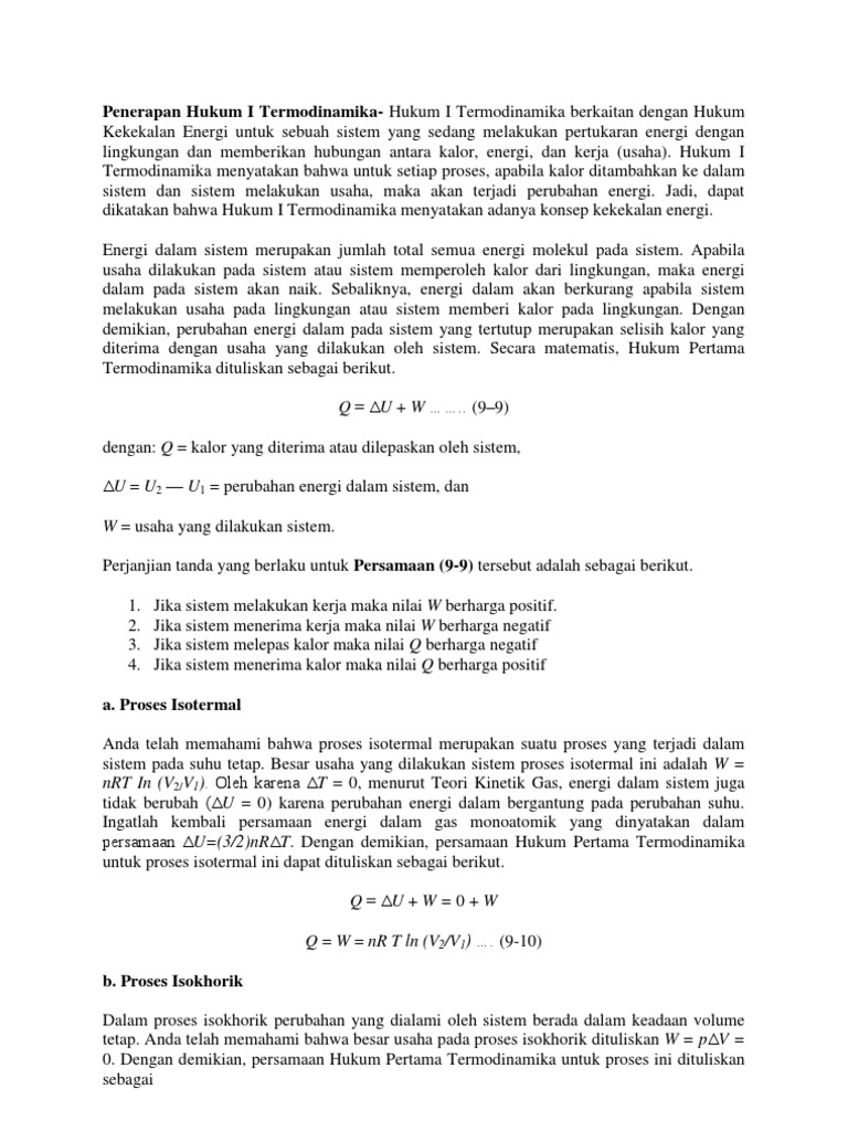 Penerapan Hukum I Termodinamika