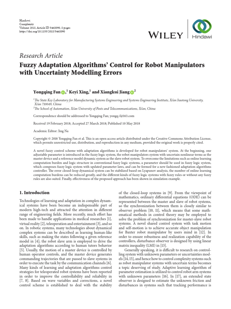 Fuzzy Control for Robot Manipulators | PDF | Control Theory | Matrix ...