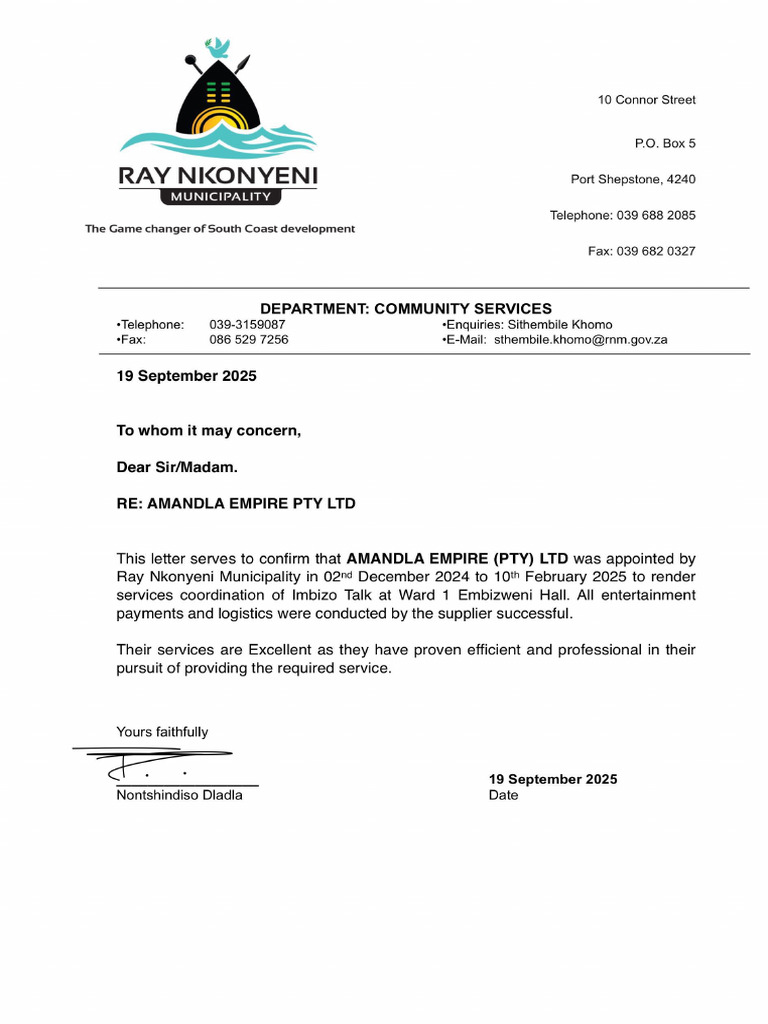 Ref Letter Ray Nkonyeni Municipality | PDF