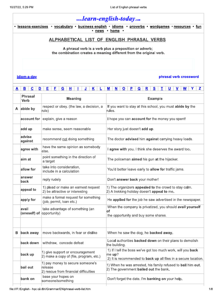 Alphabetical List of English Phrasal Verbs | PDF
