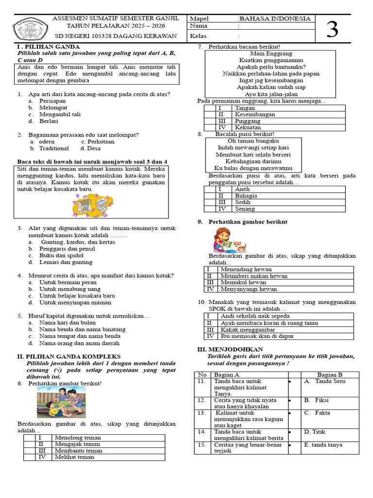 Asesmen Bahasa Indonesia Kelas 3 SD | PDF