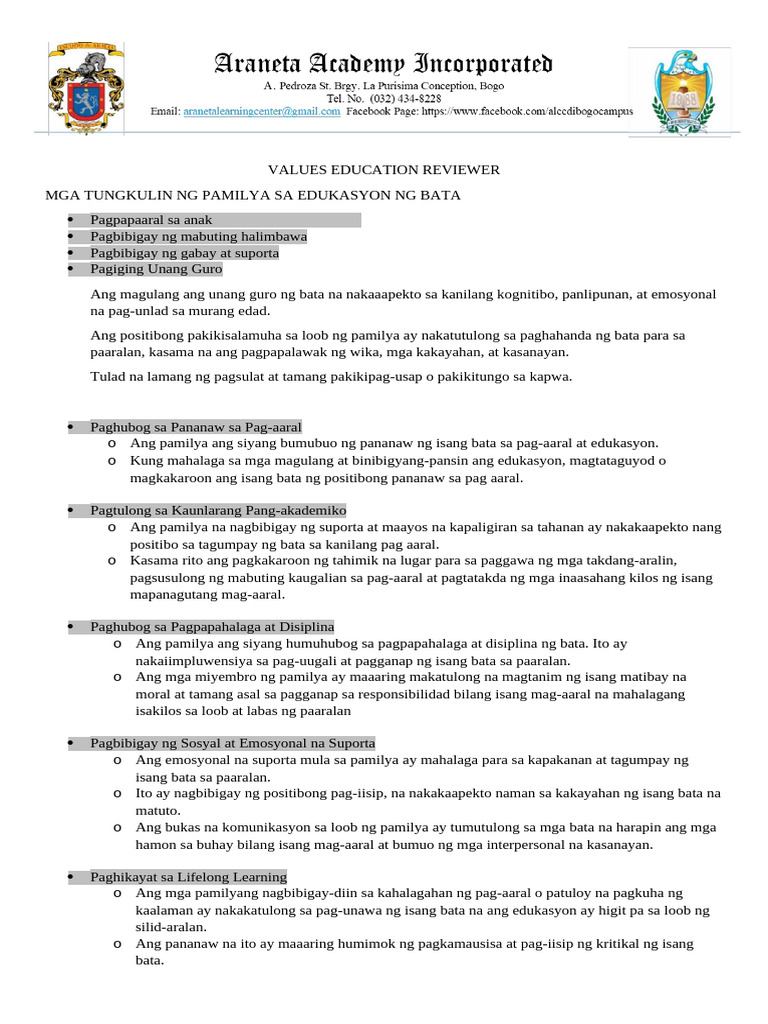 Values Education Reviewer | PDF