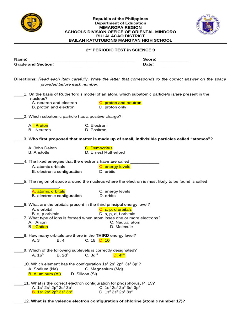 Science 9 Periodic Test Questions | PDF | Chemical Bond | Ionic Bonding
