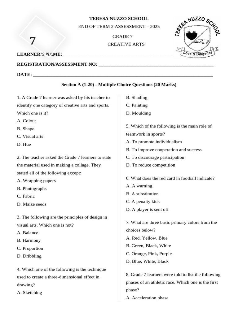 Grade 7 Creative Arts Exam Paper | PDF | Color | Rhythm