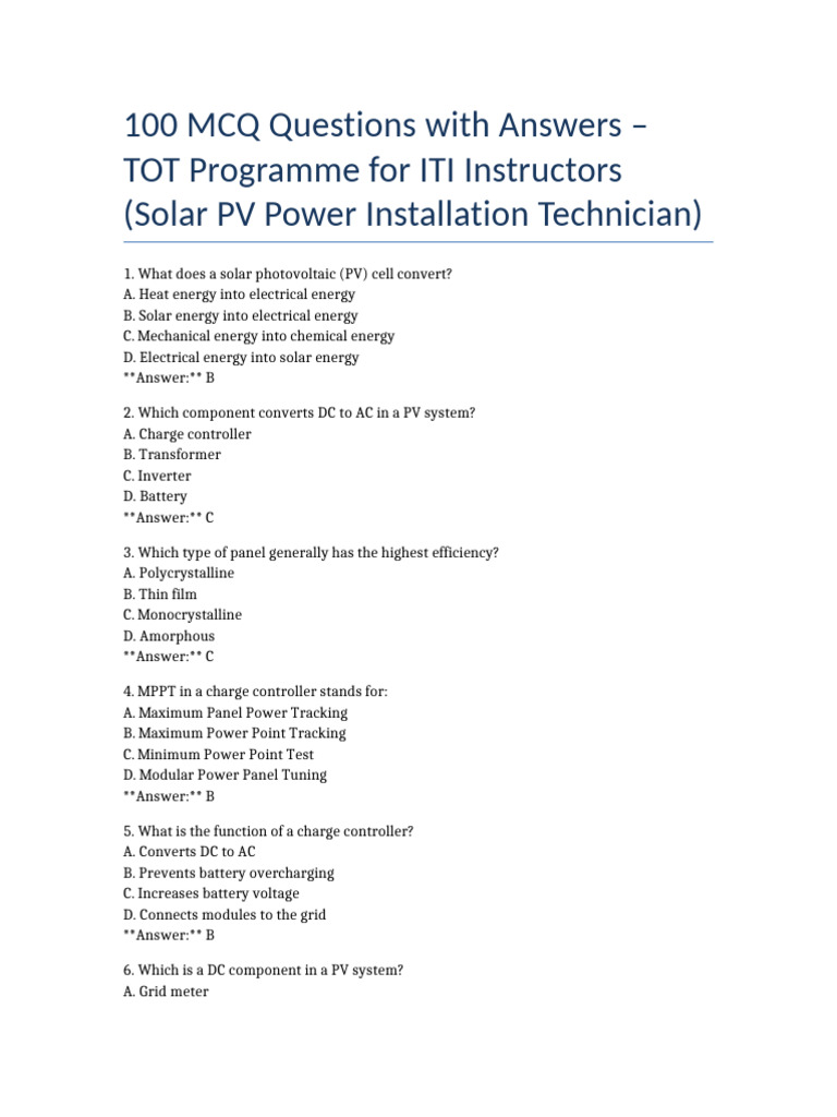 Solar PV Installer MCQ Question Paper | PDF | Photovoltaics | Direct ...