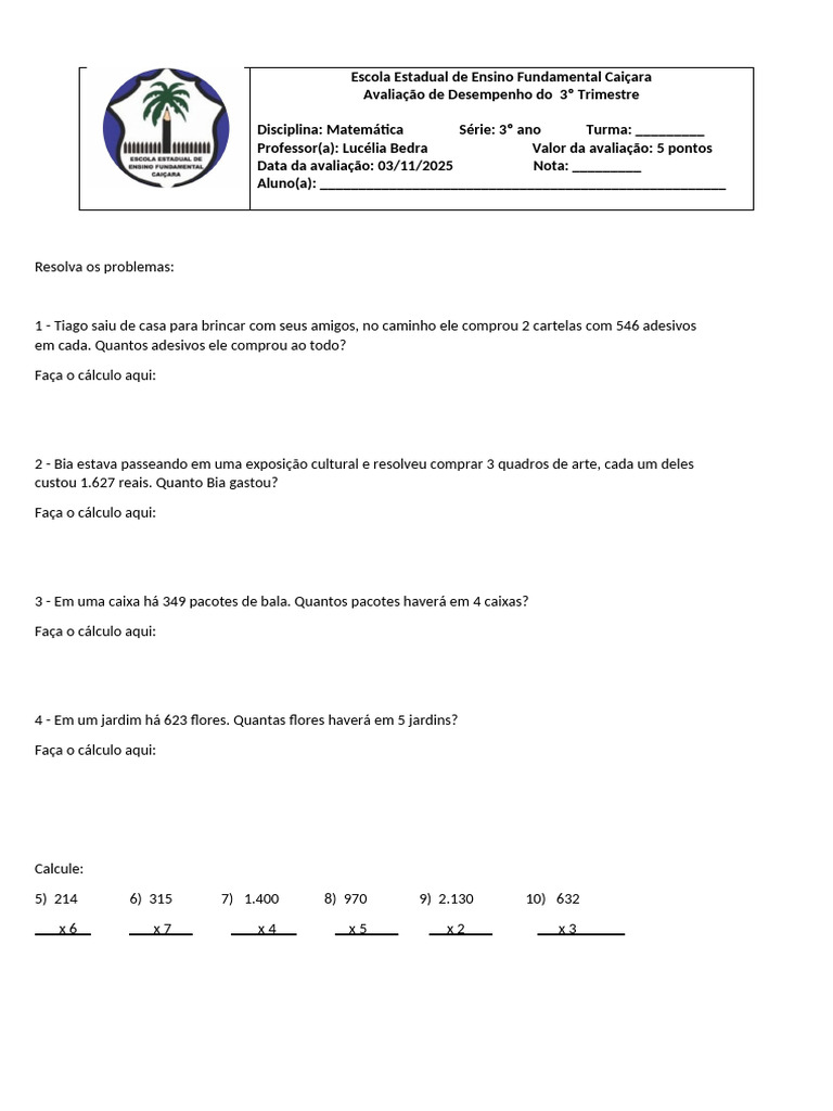 Avaliação de Matemática 3º Ano - 3º Trimestre | PDF | Matemática