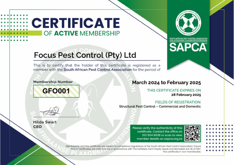 SAPCA Certificate 2024 Focus Pest Control Pty LTD GFO001 | PDF