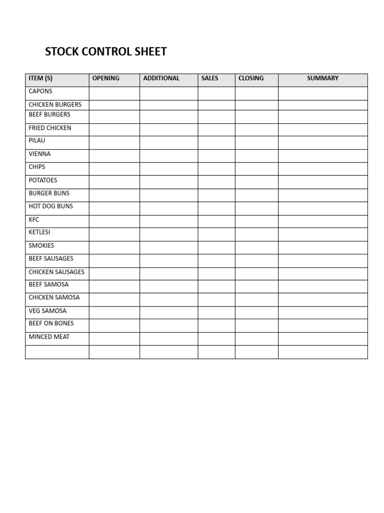Stock Control Sheet for Food Items | PDF