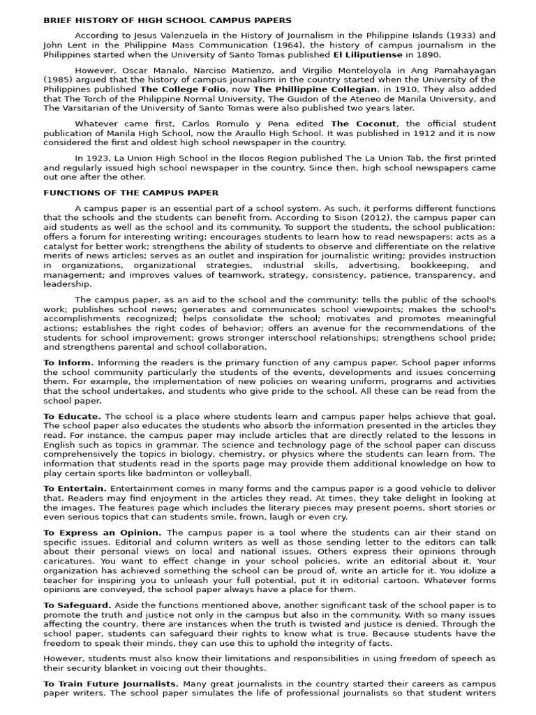 History and Functions of Campus Journalism | PDF | Human Communication