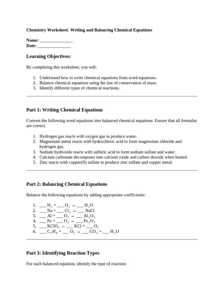 Balancing Chemical Equations Worksheet | PDF | Chemical Reactions | Oxide