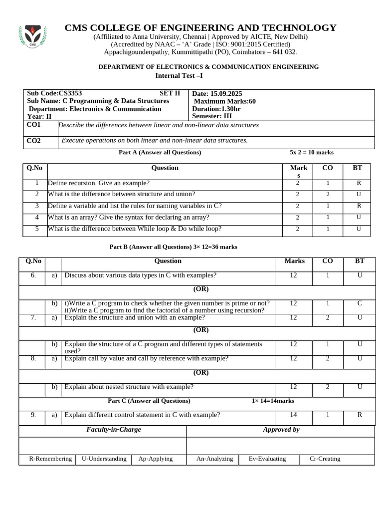 C Programming & Data Structures Test | PDF | Computer Programming ...