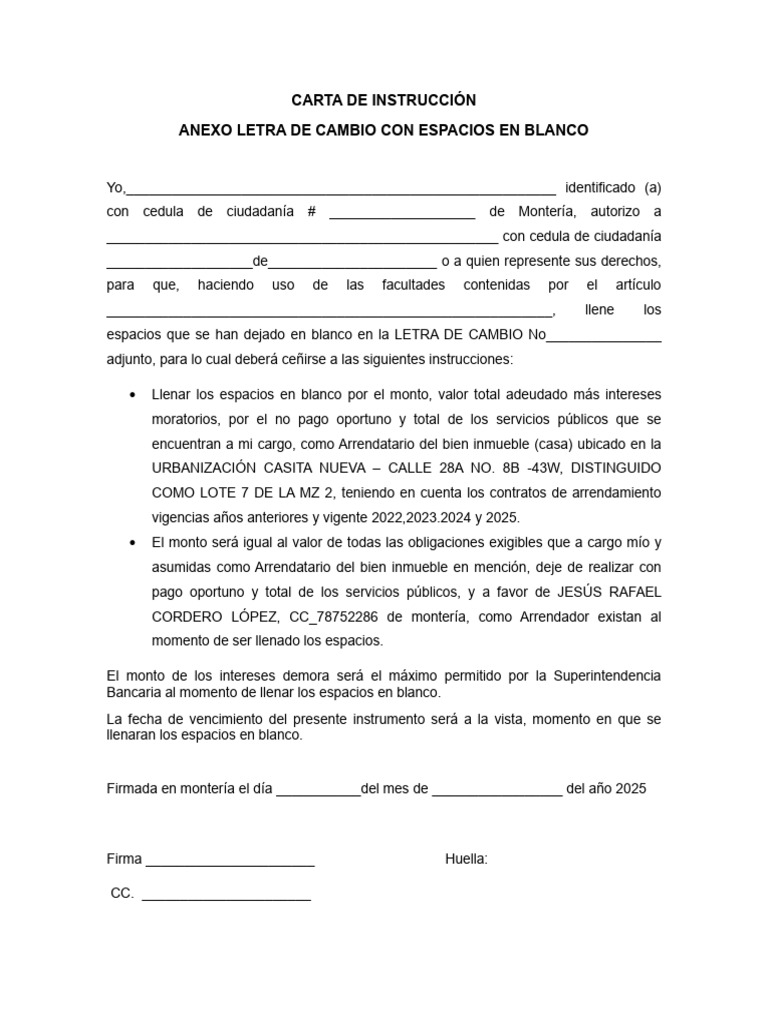 Instrucciones para Llenar Letra de Cambio | PDF