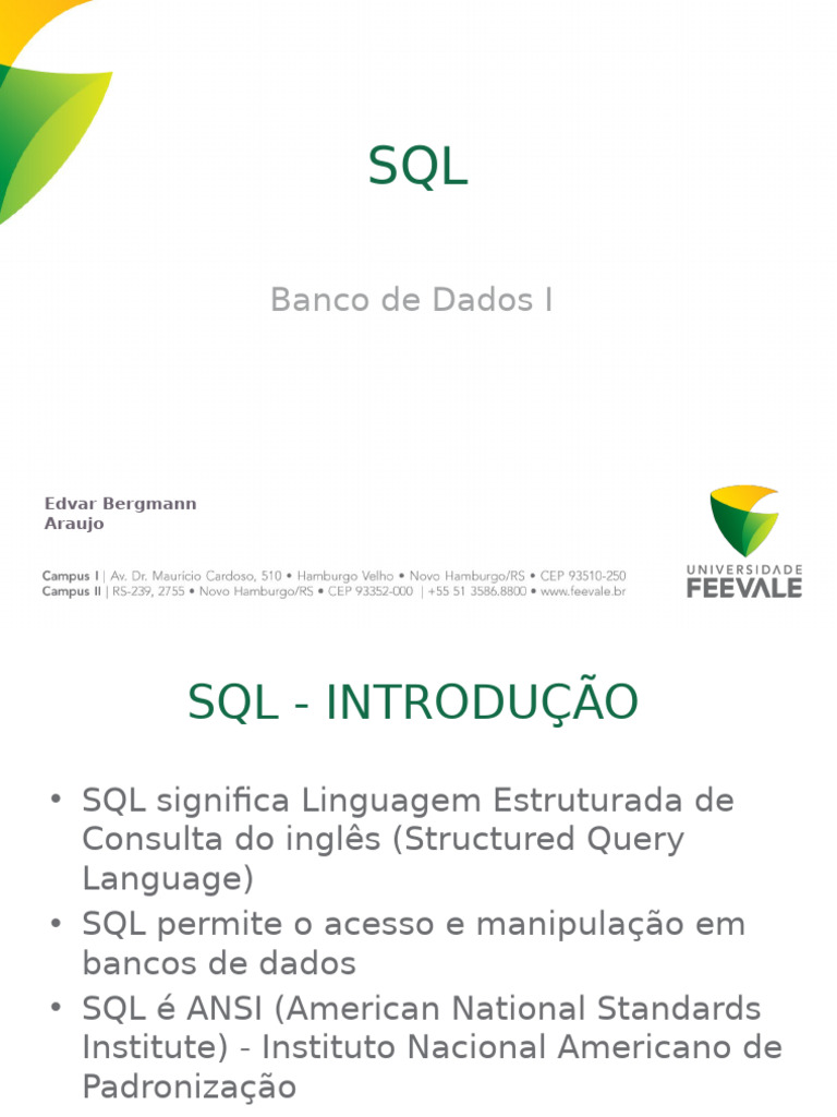 10 - Banco de Dados I - SQL - Introdução e DDL | PDF | SQL | Gestão de ...