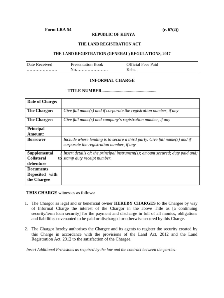 Informal Charge Form LRA 54 Kenya | PDF | Loans