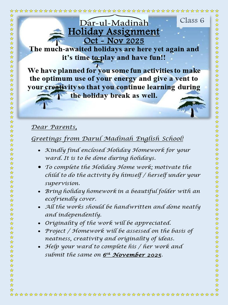 Holiday Homework Activities for Class 6 | PDF