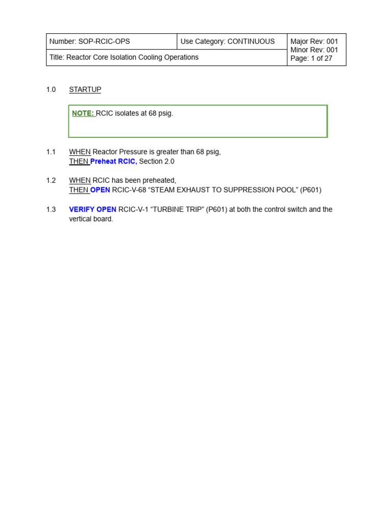 Reactor Core Isolation Cooling SOP | PDF