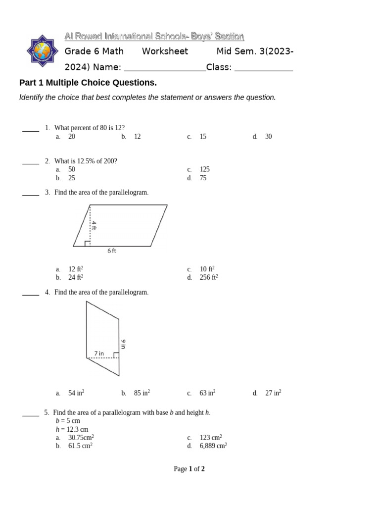 G6 Math Worksheet Mid Sem 3 203-2024 | PDF