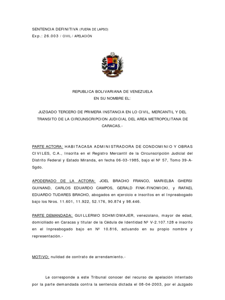 Sentencia Definitiva Nulidad Contrato de Arrendamiento Demanda judicial Condominio Prueba