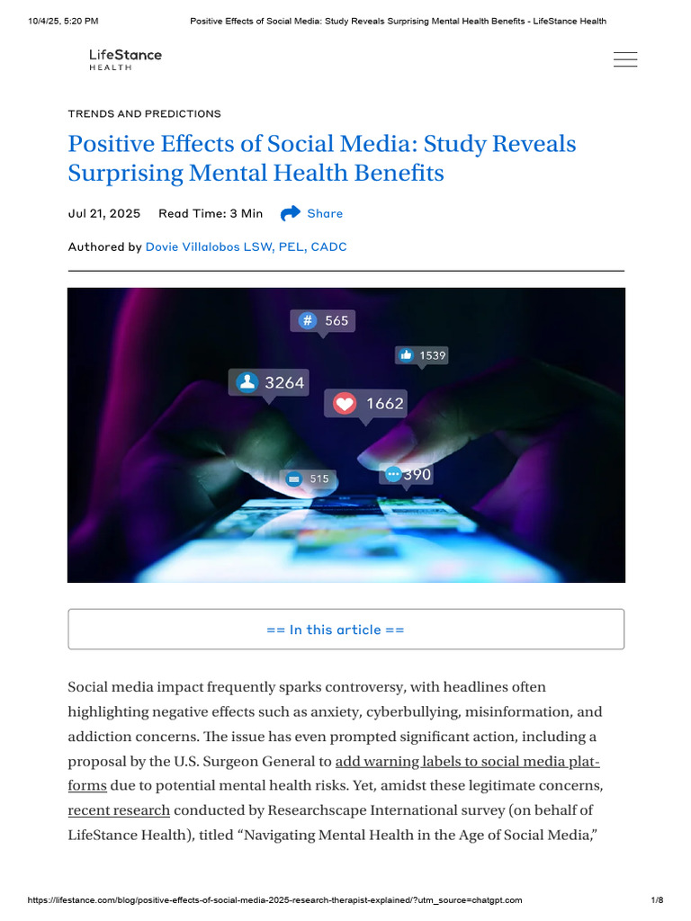 Positive Social Media Effects on Mental Health | PDF | Mental Health ...