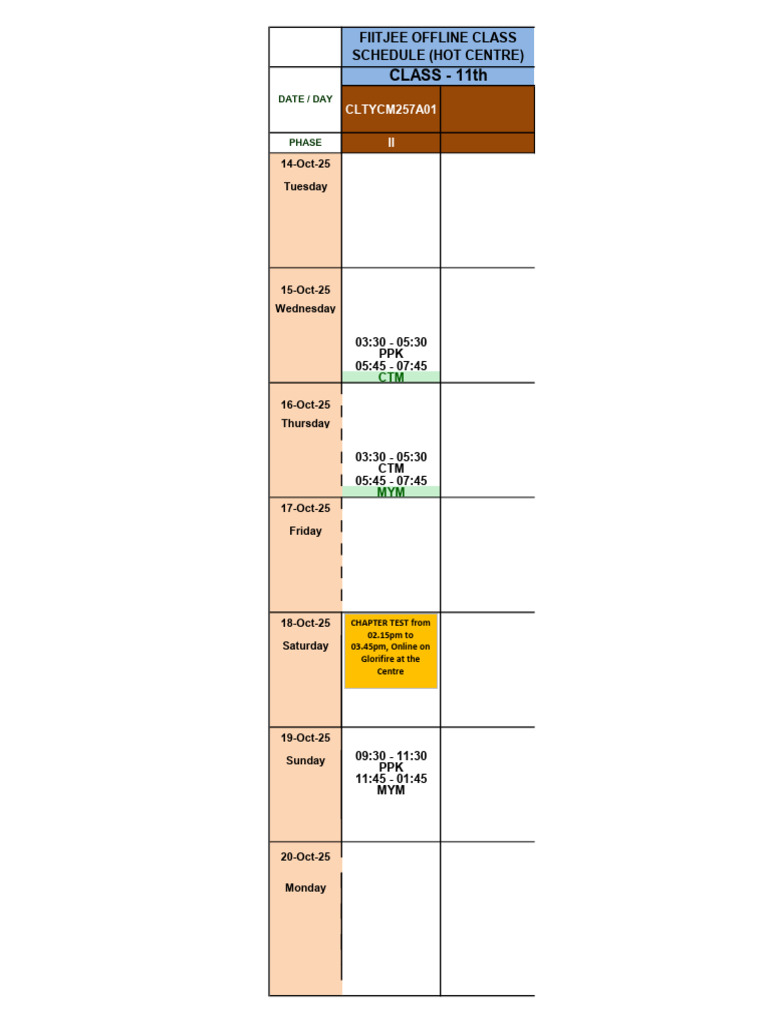 FIITJEE 11th Class Schedule 2025 | PDF