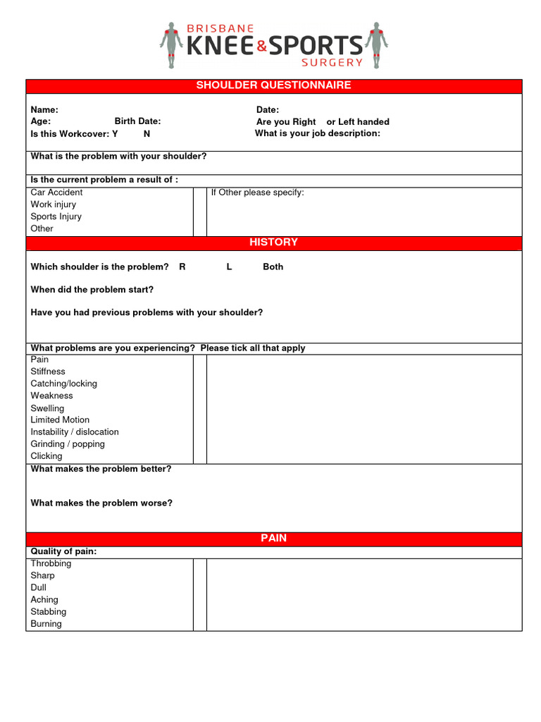 Shoulder Injury Assessment Questionnaire | PDF | Shoulder | Pain