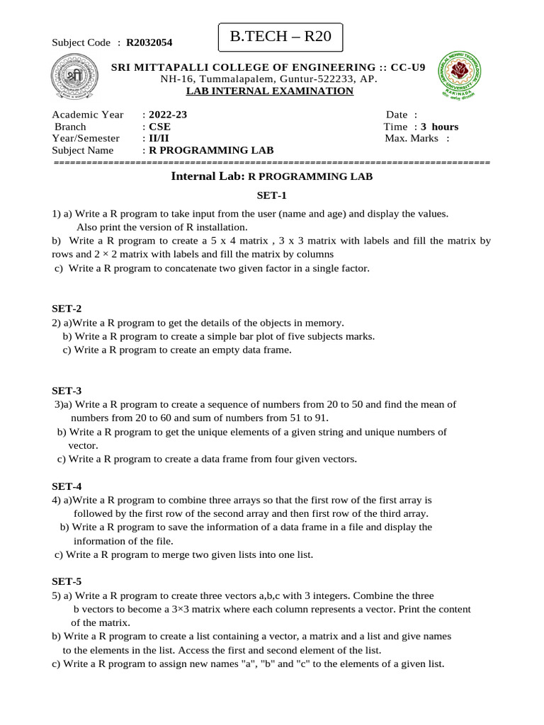 R Programming Lab Exam Questions | PDF | Matrix (Mathematics) | Linear ...