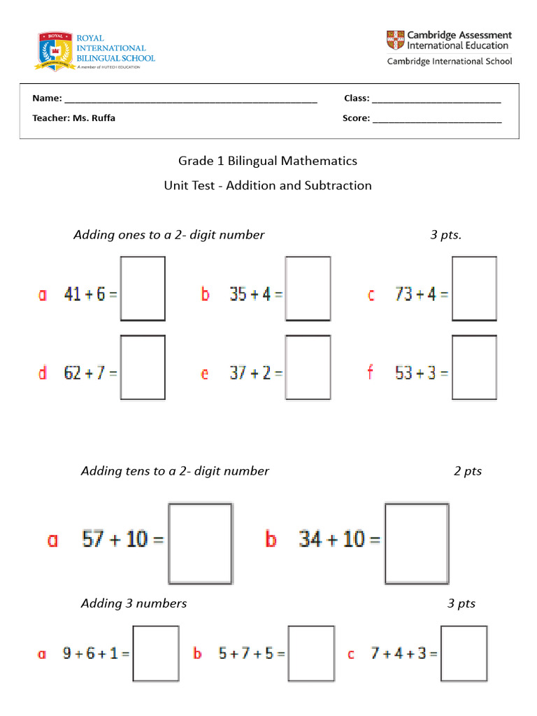 Grade 1 Bilingual Math Test: Addition & Subtraction | PDF