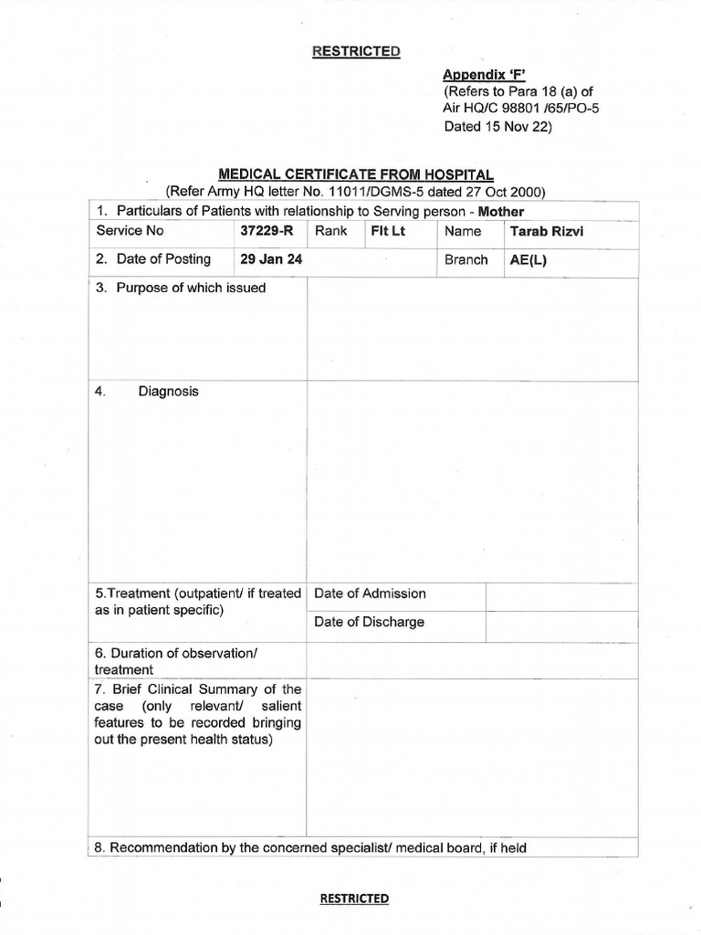 Medical Certificate for Army Personnel | PDF