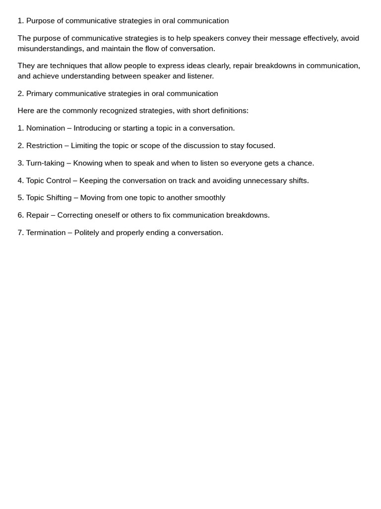 Purpose of Communicative Strategies in Oral Communication | PDF