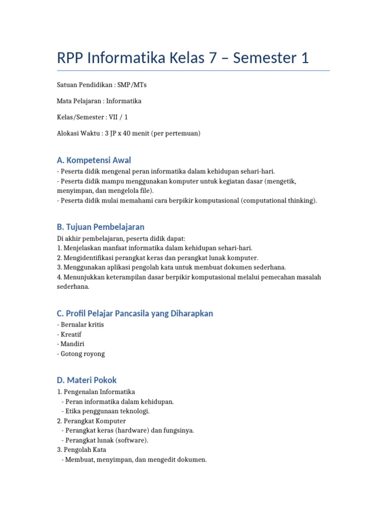 RPP Informatika Kelas 7 Semester 1 | PDF