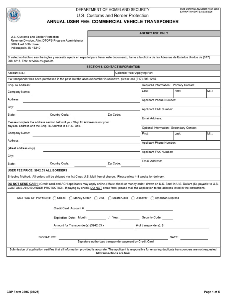 CBP Form 339C: Annual User Fee Application | PDF | Vehicle Registration ...