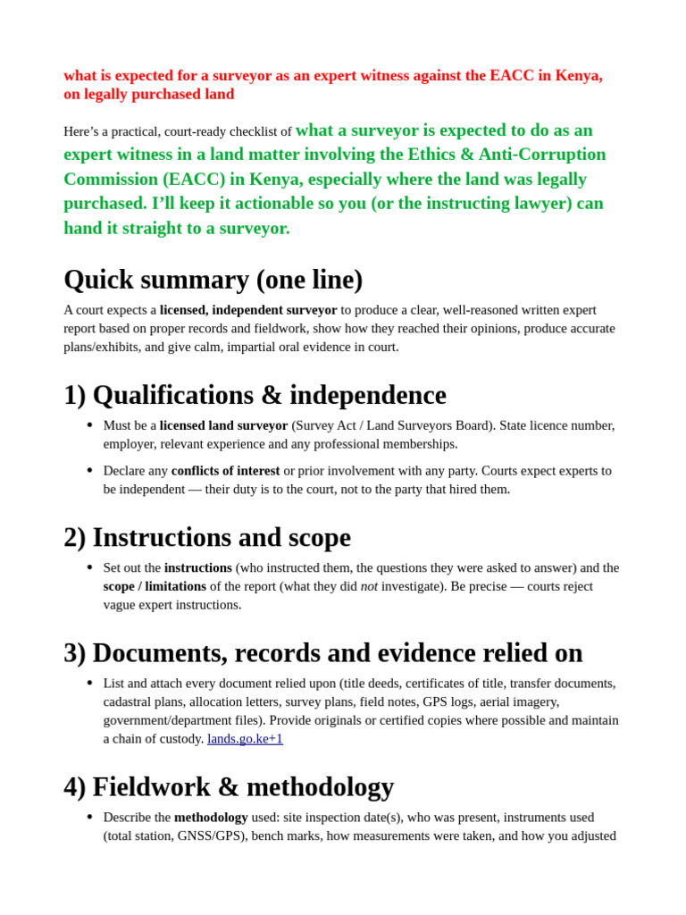 Surveyor Expert Witness Guide Kenya | PDF | Surveying | Map