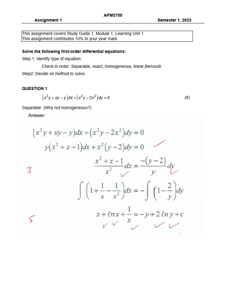 APM3700 Assignment 1: Differential Equations | PDF | Differential ...