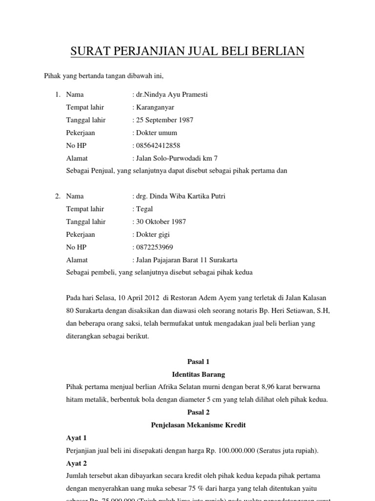 Surat Perjanjian Jual Beli Berlian 2