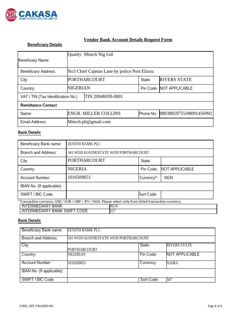 Vendor Bank Account Request Form | PDF | Foreign Exchange Market | Banking